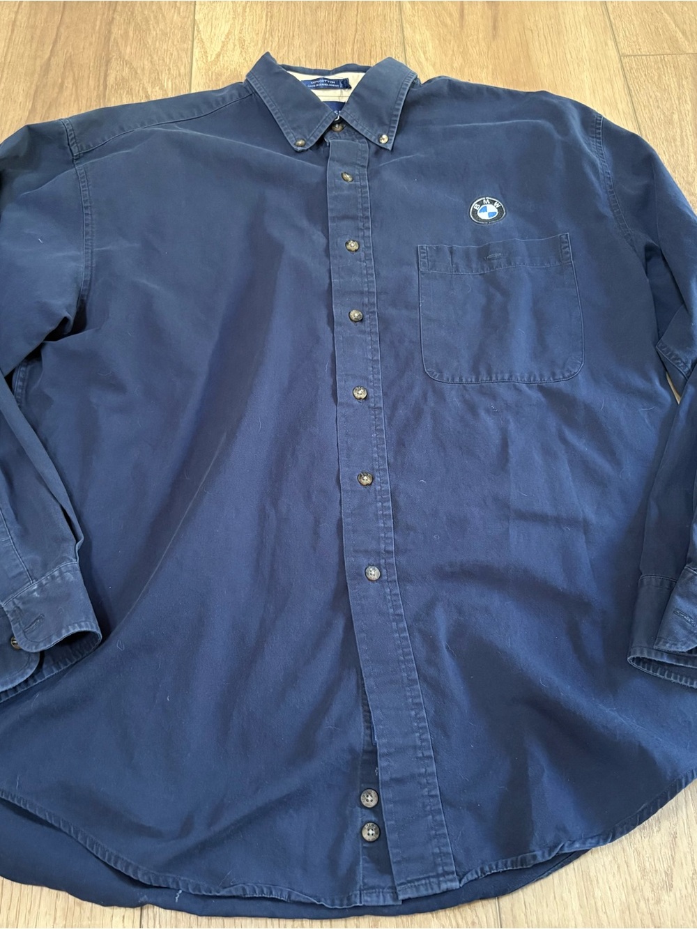 Vintage Bill Blass BMW Embroidered Logo Dress Shirt Navy Dark Blue Large